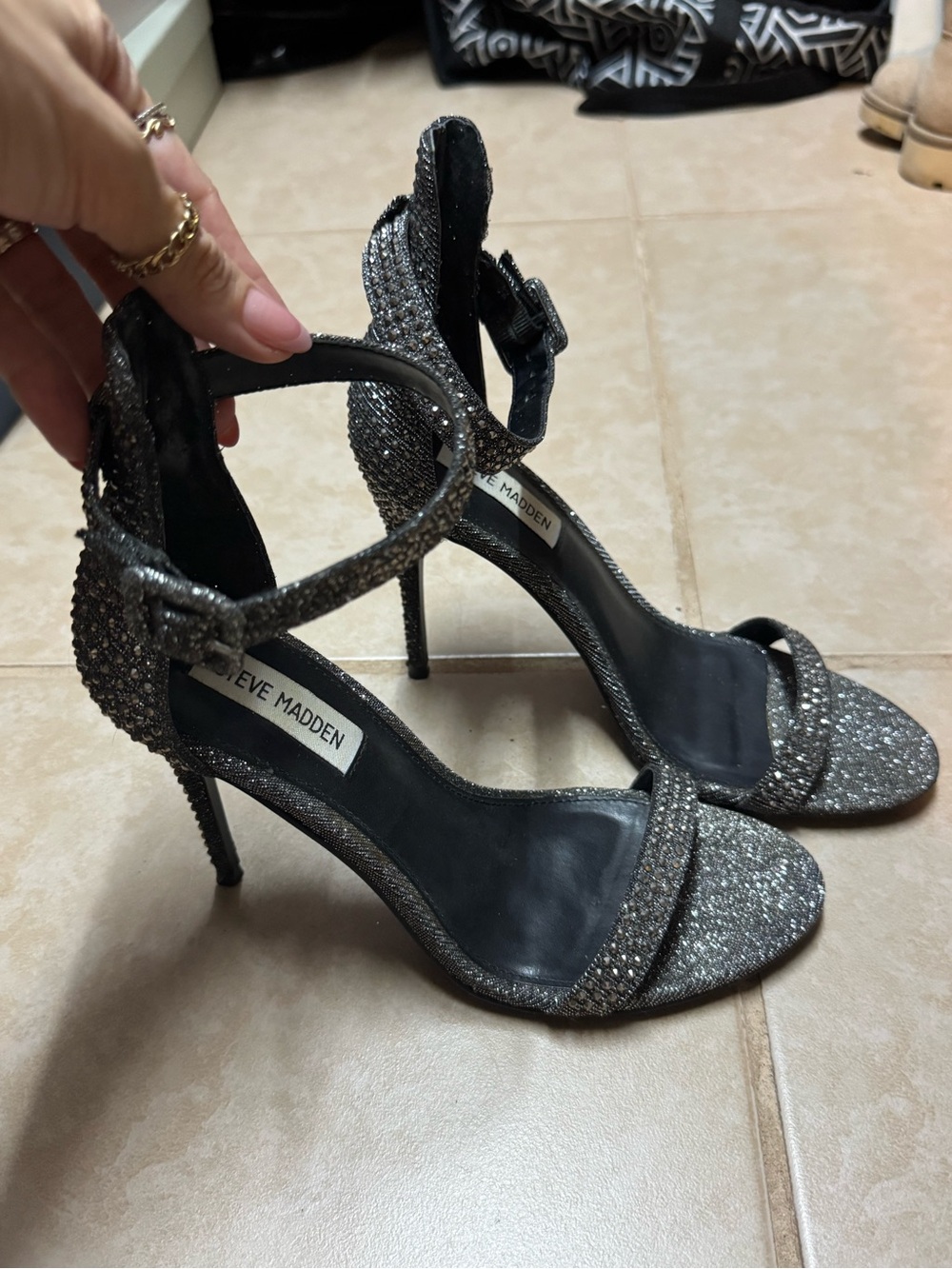 Steve Madden Sparkle Ankle-Strap Stiletto Heel Sandals in Black and Silver